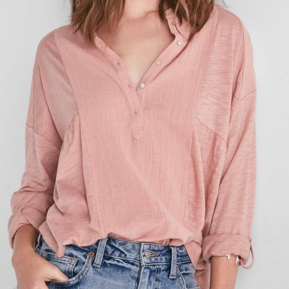 Lucky Brand Women's Gauze Mixed Henley Top XS Misty Rose - Picture 4 of 6